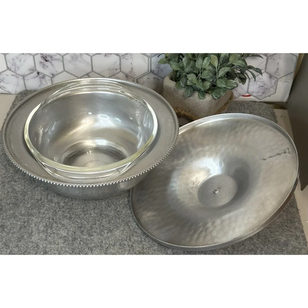 Vintage B.W. Buenilum Hammered Aluminum Casserole Dish With Pyrex Bowl USA
